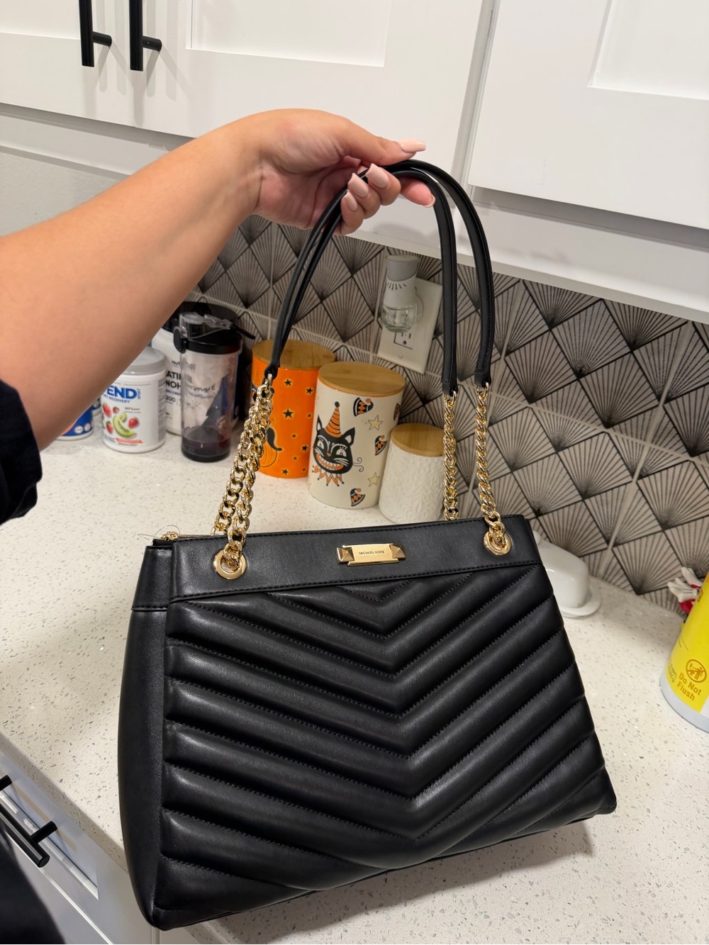 Michael Kors Black Quilted Chevron Chain-Handle Shoulder Bag